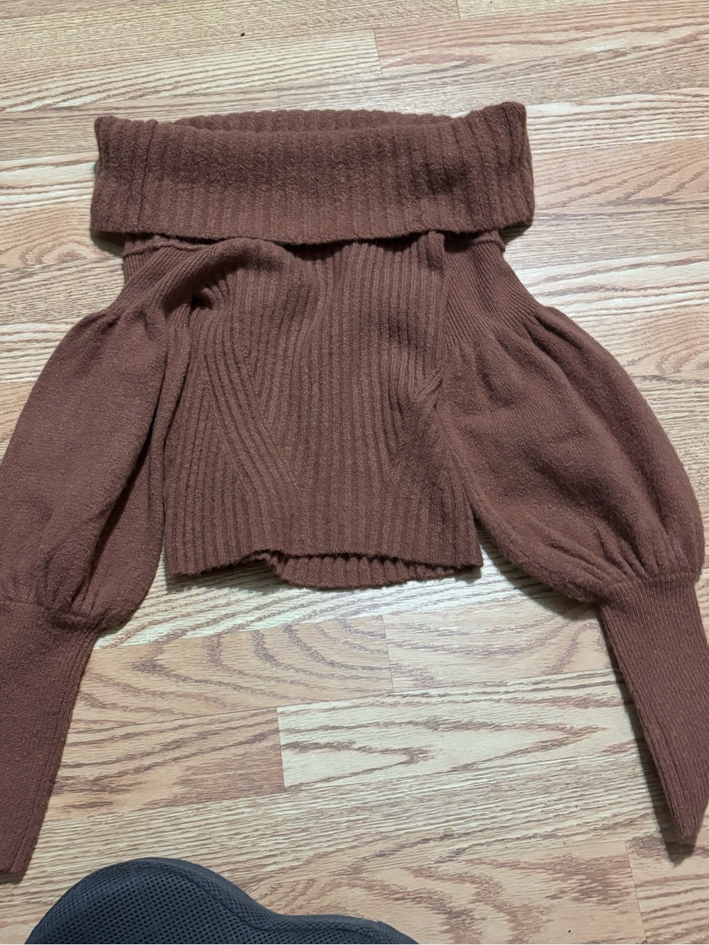 Anthropologie Chocolate Brown Off-the-Shoulder Ribbed Puff Sleeve Sweater